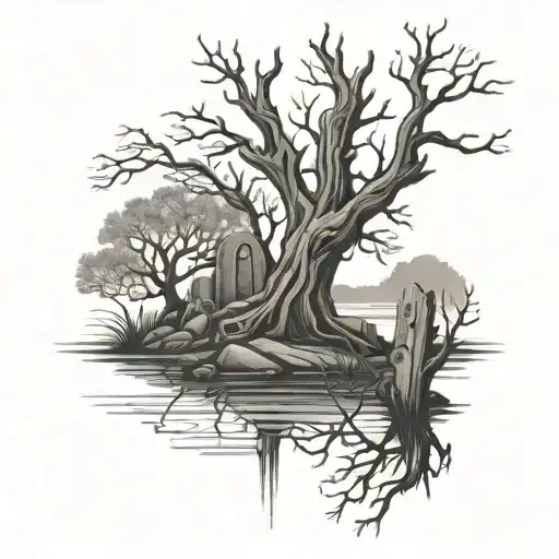 Dead Tree And Grave Stones By Lake Surrounded