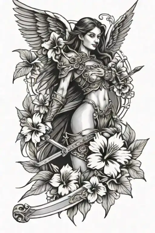 Female Warrior With Wings And Sword And Hibiscus Flowers Inspired