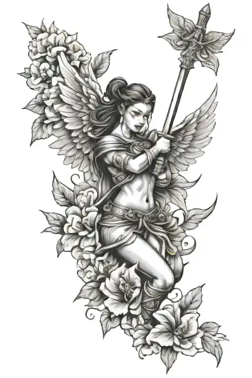 Female Warrior With Wings And Sword And Hibiscus Flowers Inspired