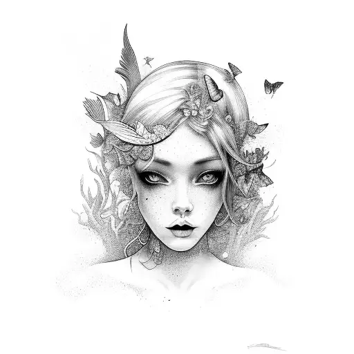 A Hauntingly Beautiful Mermaid Surrounded By Eerie Butterflies