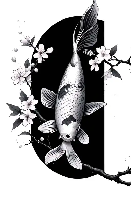 Cherry Blossom Flowered Branch With A Koi Fish In The Negative Space