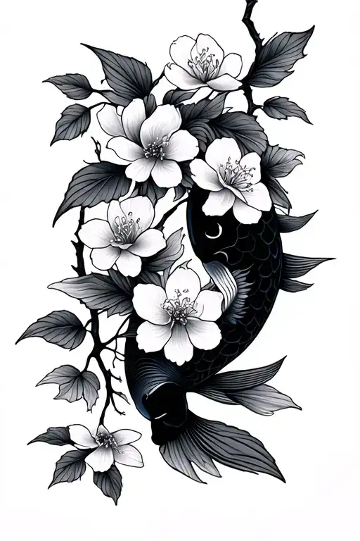 Cherry Blossoms With Koi Fish In Negative Space
