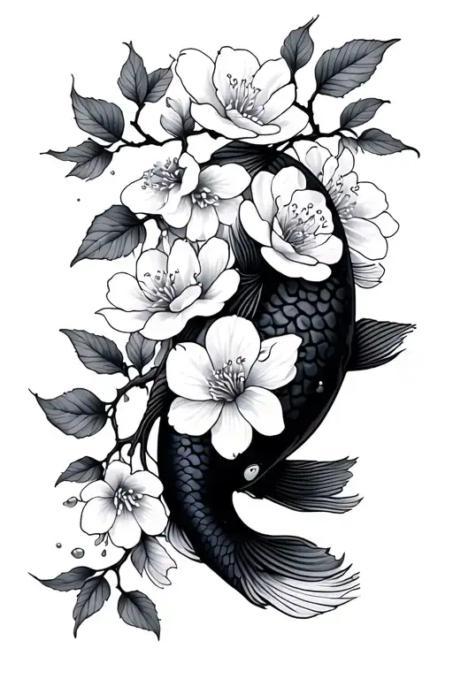 Cherry Blossoms With Koi Fish In Negative Space