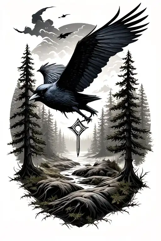 Pine Forest With Odin's Crow Flying In The Sky And A Rune In The Middle