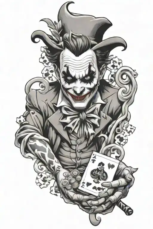 Full Sleeve Tattoo Based On Gambling With Your Life And Smirking Joker Hand