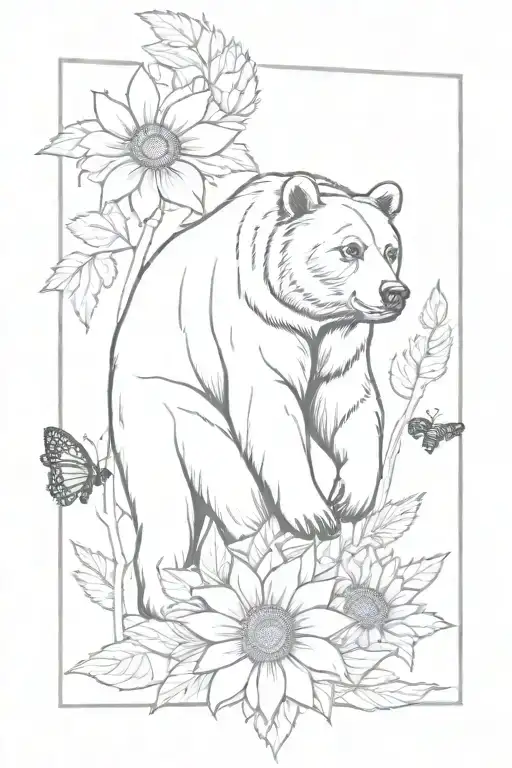 Grizzly Bear Wearing Floral Crown Surrounded By Sunflowers And Honeybees