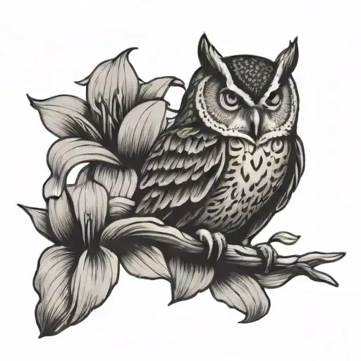 Owl Perched On Top Of Lily Flower