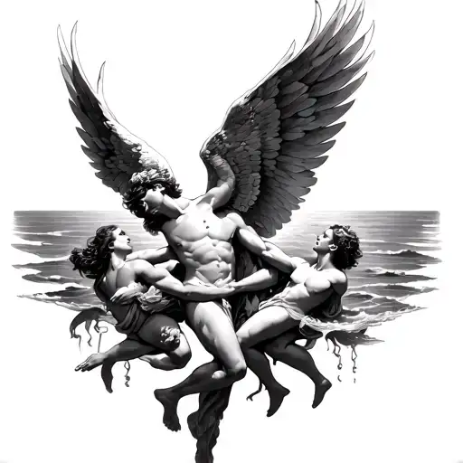 Icarus Falling From The Sky Into Ocean Of Sirens Embracing Him