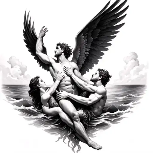 Icarus Falling From The Sky Into Ocean Of Sirens Embracing Him