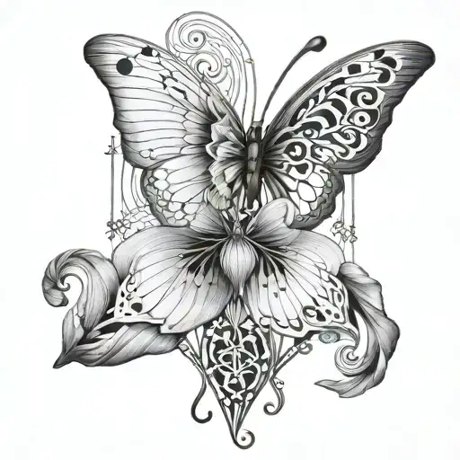 Harleyquin Iris Flower Intertwined In Music Bars Forming The Golden Ratio Sprial With A Butterfly