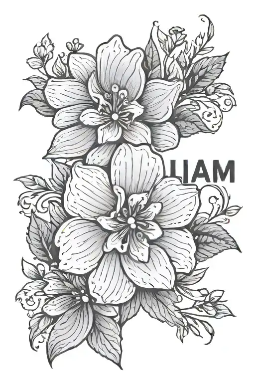 A Black And Grey Tattoo On The Upper Arm With Flowers And The Name Liam