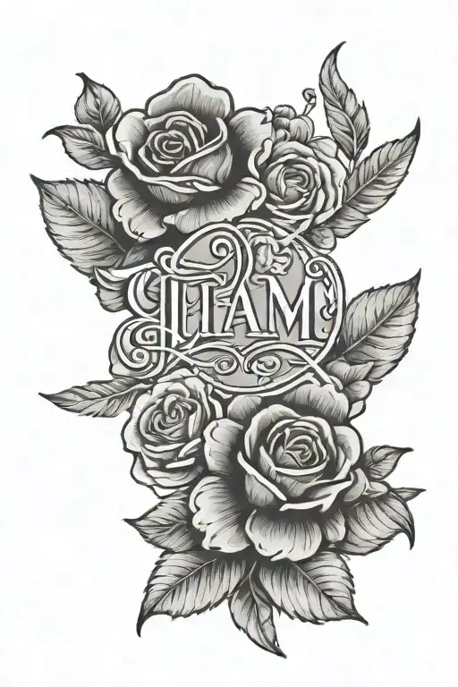 A Black And Grey Tattoo On The Upper Arm With Flowers And The Name Liam