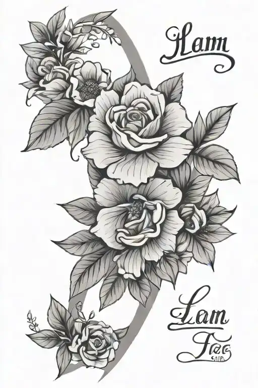 A Black And Grey Tattoo On The Upper Arm With Flowers And The Name Liam