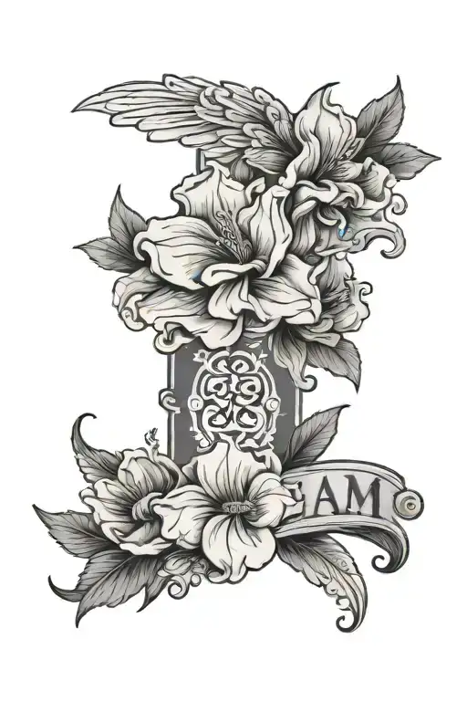 A Black And Grey Tattoo On The Upper Arm With Flowers And The Name Liam
