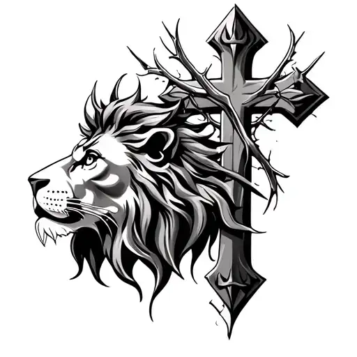 Jesus Thorn Crown And Cross With Lion