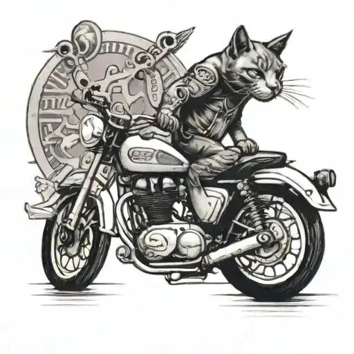 A Sleek Black And Grey Tattoo Of A Cat Riding A Triumph Motorcycle