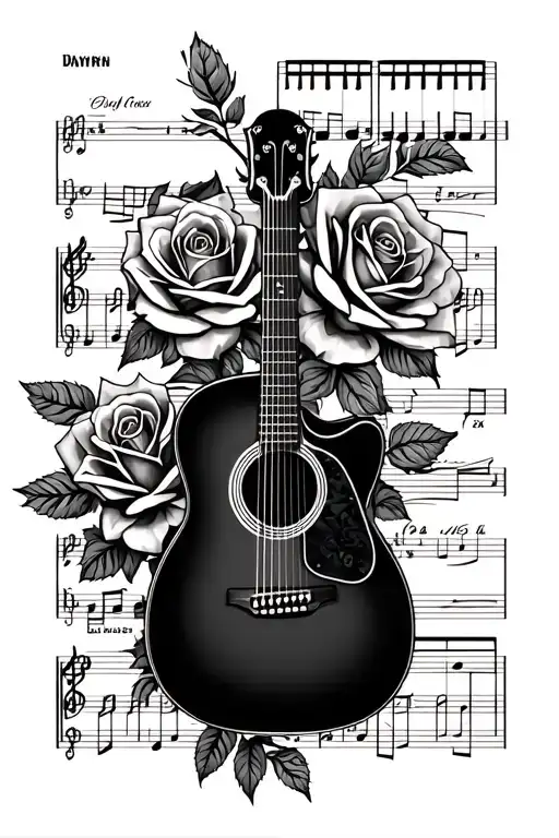Acoustic-guitar Piano Sheet Music Notes Unraveled Cassette Tape Intertwined Microphone Roses