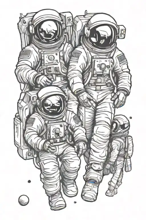 A Black And Grey Astronaut Holding Hands With Two Smaller Astronauts