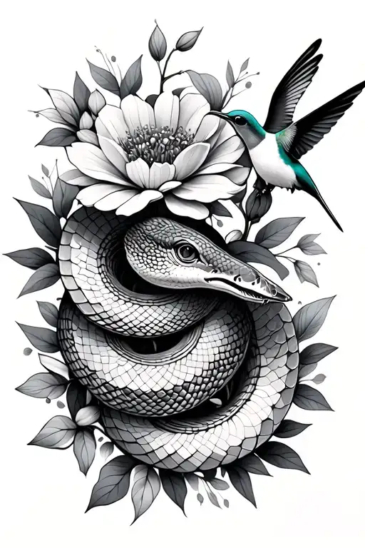Geometric Flowers With A Snake And Hummingbird