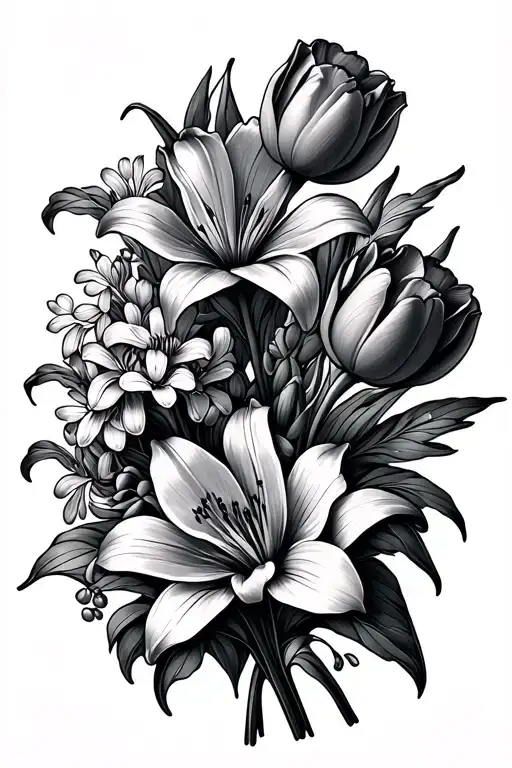 Fine Line Tulips And Lilies And Lilacs Flower Bouquet