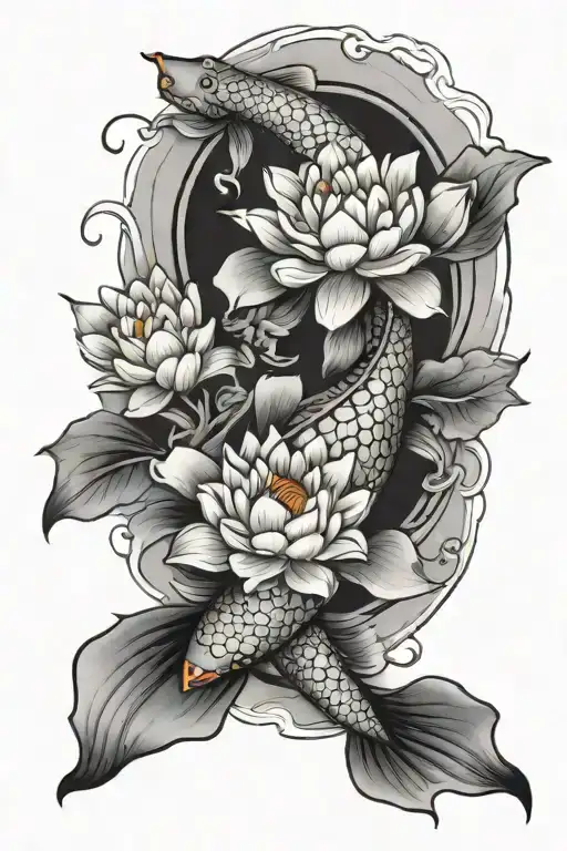 Upward Koi Fish With Lotus Flowers Blooming