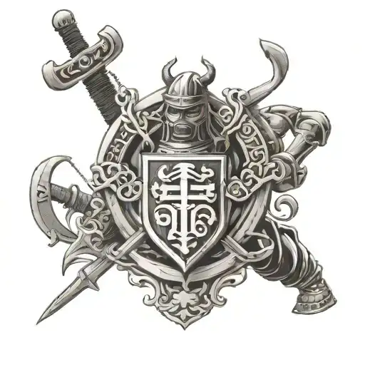 A Family Crest Featuring Samurai Symbols And Gym Equipment Intertwined