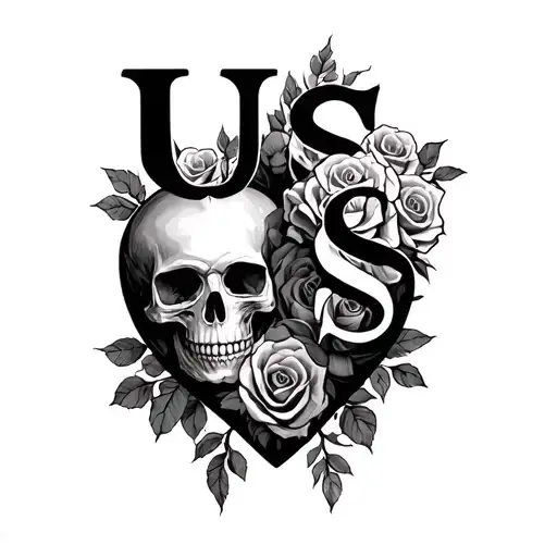 U And S Written Inside Heart And Skull Having Roses