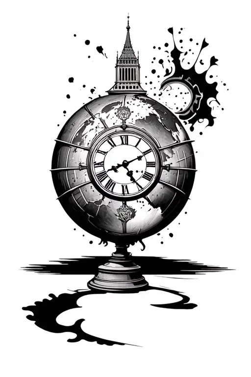 Stencil Of A Globe With Big Ben Clock Face Coming Out Of The Globe