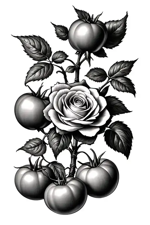 Rose Intertwined With Tomatoes Growing
