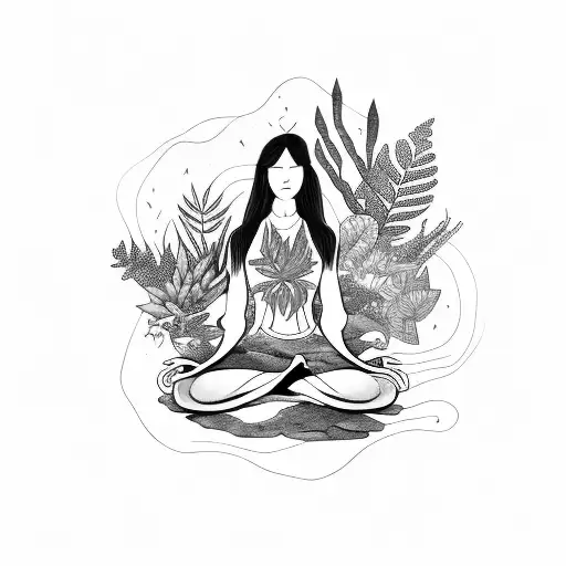 Woman Meditating In Nature With Plants In Her Body