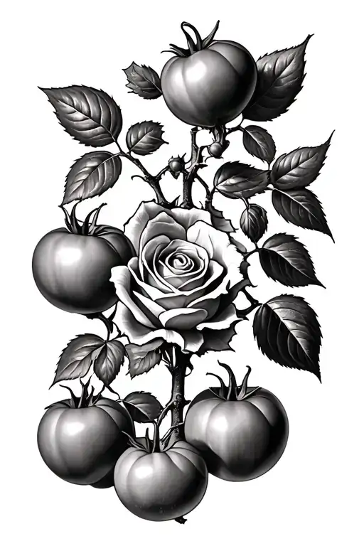 Rose Intertwined With Tomatoes Growing