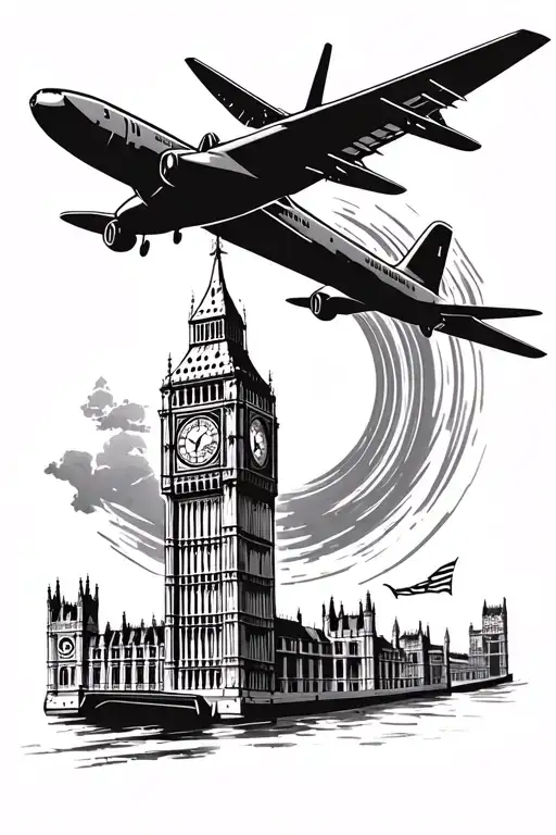 Stencil Of Big Ben With An Airplane Flying Around Big Ben With The Flight Path Of The Plane