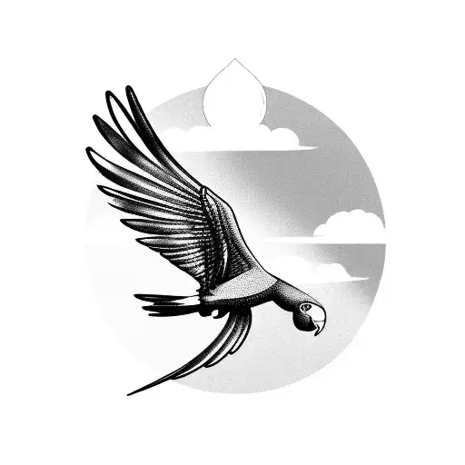 Flying Parrot With Sun Rays Palm Trees Caribbean