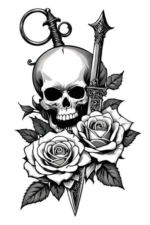 Dagger With Rose Intertwined And A Half Skull Backkground