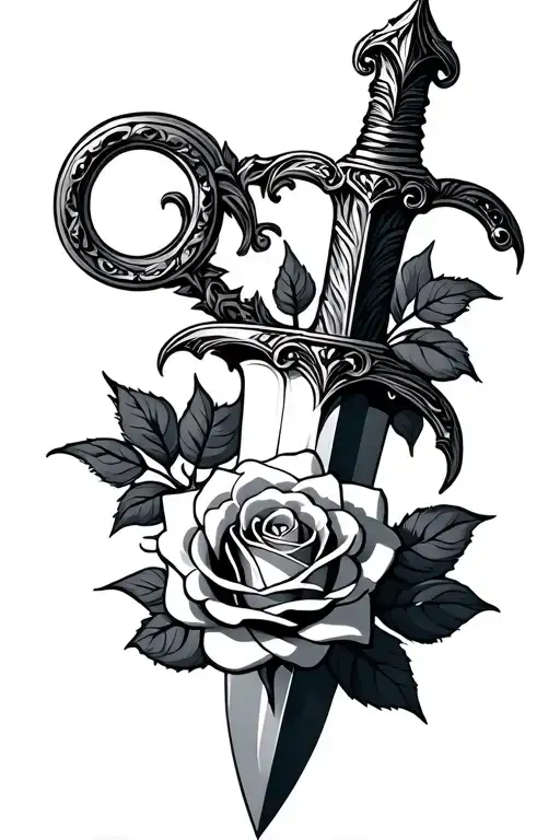 Dagger With Rose Intertwined Simple Outline