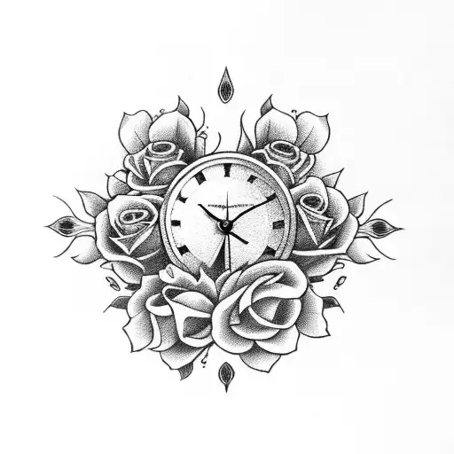 Clock And Roses And Skulls