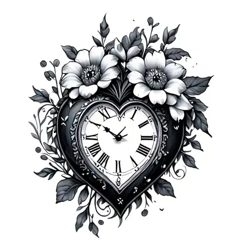 Clock Heart And Flowers