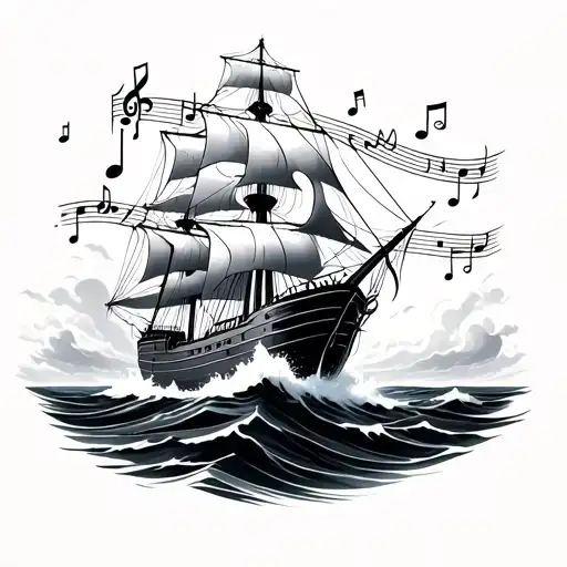 A Ship Sailing Through A Stormy Sea With Musical Notes In The Background