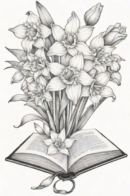 Daffodils And Tulips Bouquet Over An Open Book