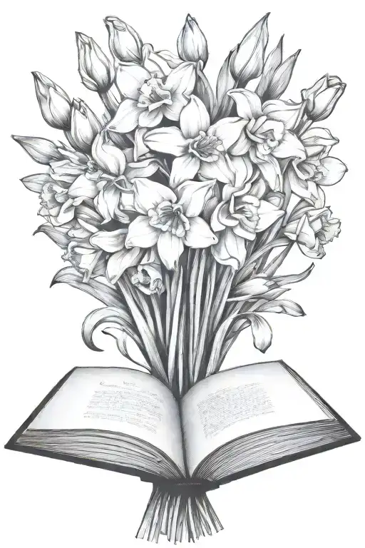 Daffodils And Tulips Bouquet Over An Open Book