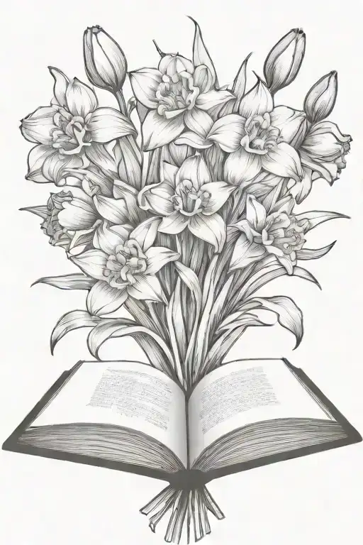 Daffodils And Tulips Bouquet Over An Open Book