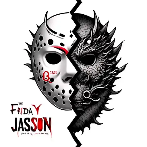 Half Of A Broken Friday The 13Th Mask With Japanese Dragon The Word 'Jason' And The Number 13