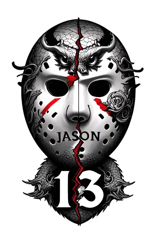Half Of A Broken Friday The 13Th Mask With Japanese Dragon The Word 'Jason' And The Number 13
