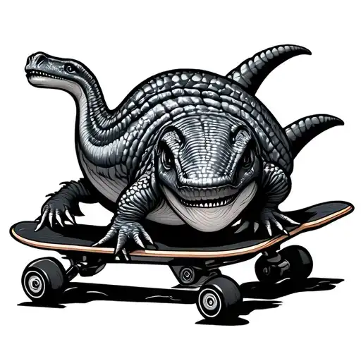 Cute Doodle In Black And White Of A Plesiosaurs With Their Belly Laying On A Skateboard