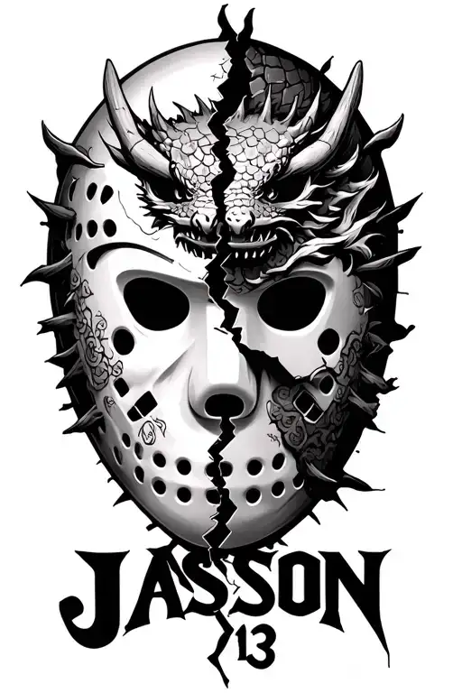 Half Of A Broken Friday The 13Th Mask With Japanese Dragon The Word 'Jason' And The Number 13