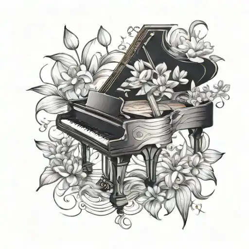 Design A Black And Grey Tattoo Of A Grand Piano Surrounded By Water Lilies