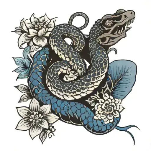 Blue Snake And Flower Japanese Signs