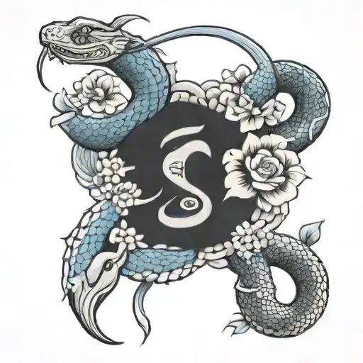 Blue Snake And Flower Japanese Signs Edo Age Style