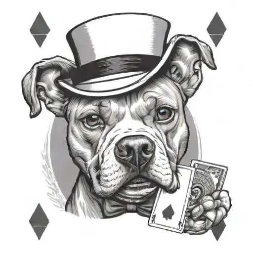 A Pit Bull Wearing A Top Hat And Bow Tie Playing Cards With A Pin Up Girl In A Black-grey Style