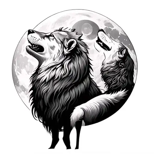 Lion And Wolf Howling At The Moon